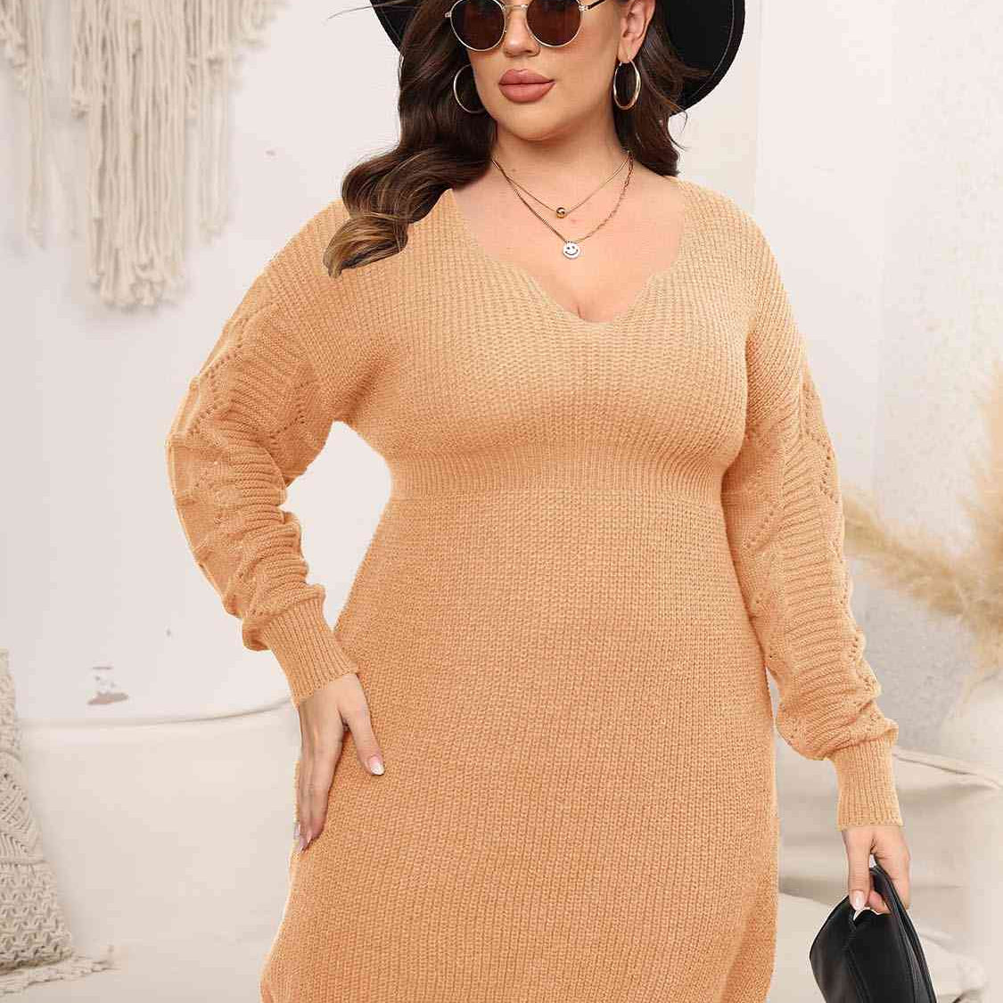 Plus Size Dropped Shoulder Long Sleeve Knit Mini Dress