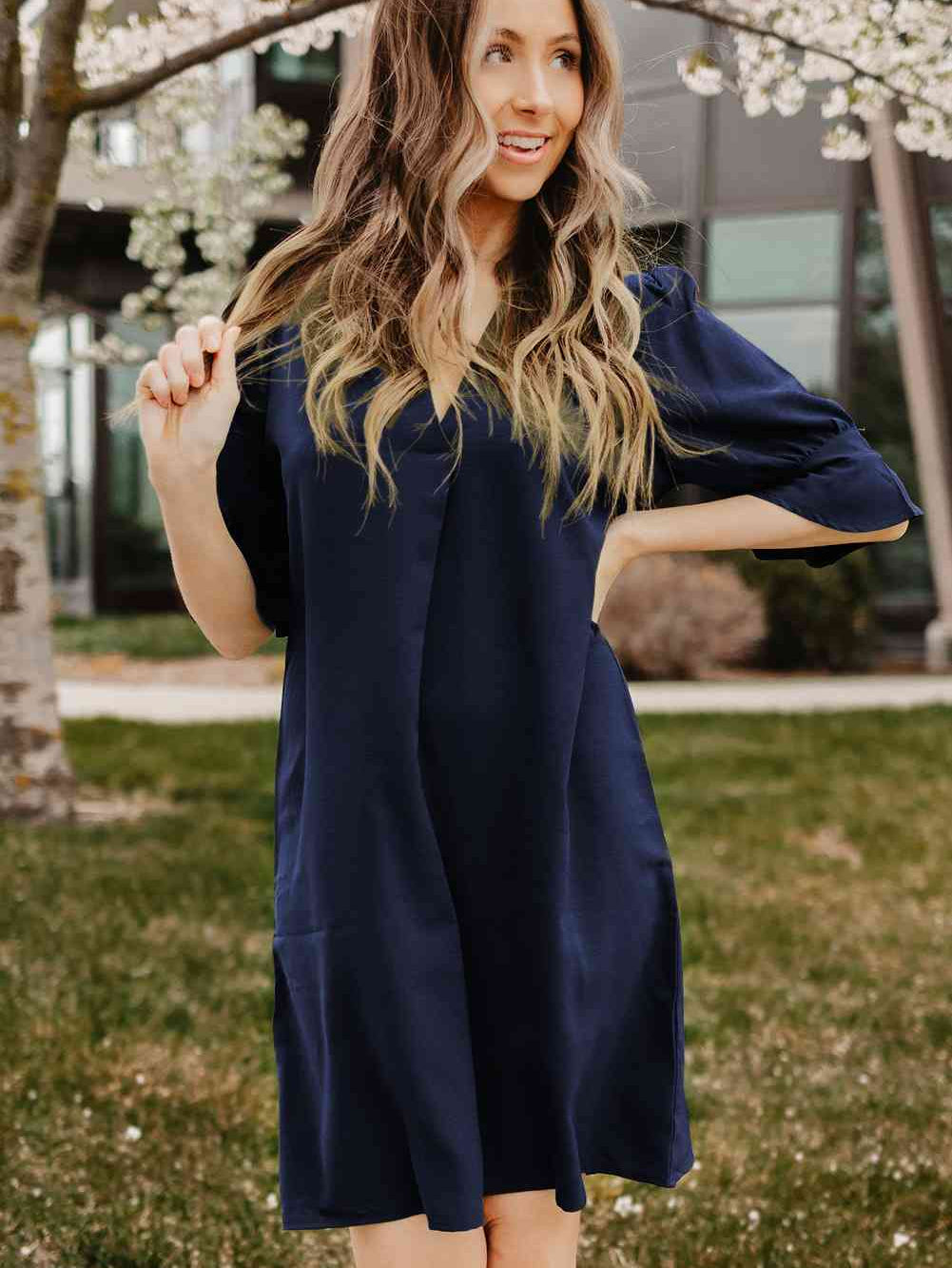 Puff Sleeve Notched Mini Shift Dress - Stormyjay