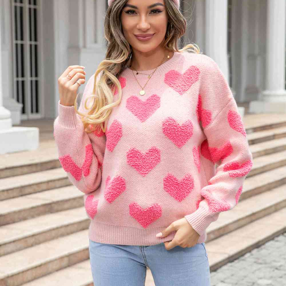 Round Neck Dropped Shoulder Sweater with Heart Pattern