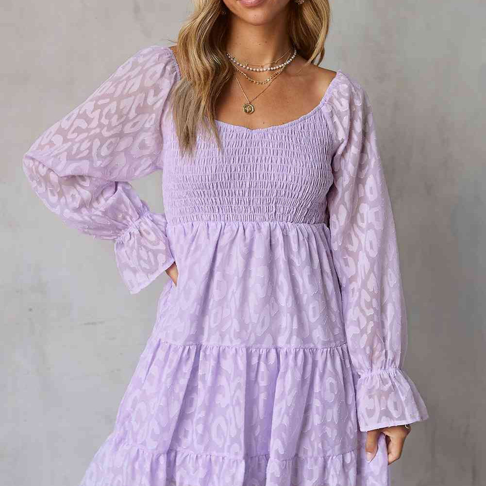 Leopard Applique Flounce Sleeve Smocked Tiered Dress - Stormyjay