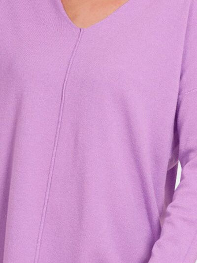 Zenana Slit V-Neck Dropped Shoulder Sweater - Stormyjay