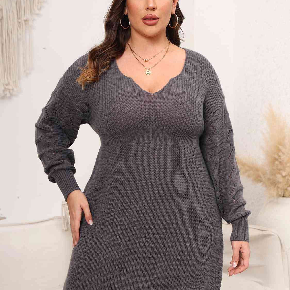 Plus Size Dropped Shoulder Long Sleeve Knit Mini Dress