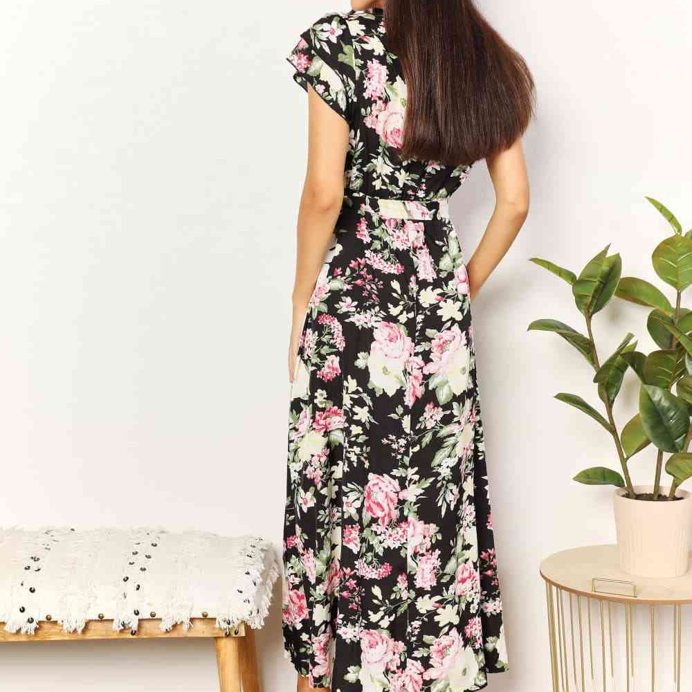 Double Take Floral Flutter Sleeve Tie-Waist Split Dress - Stormyjay