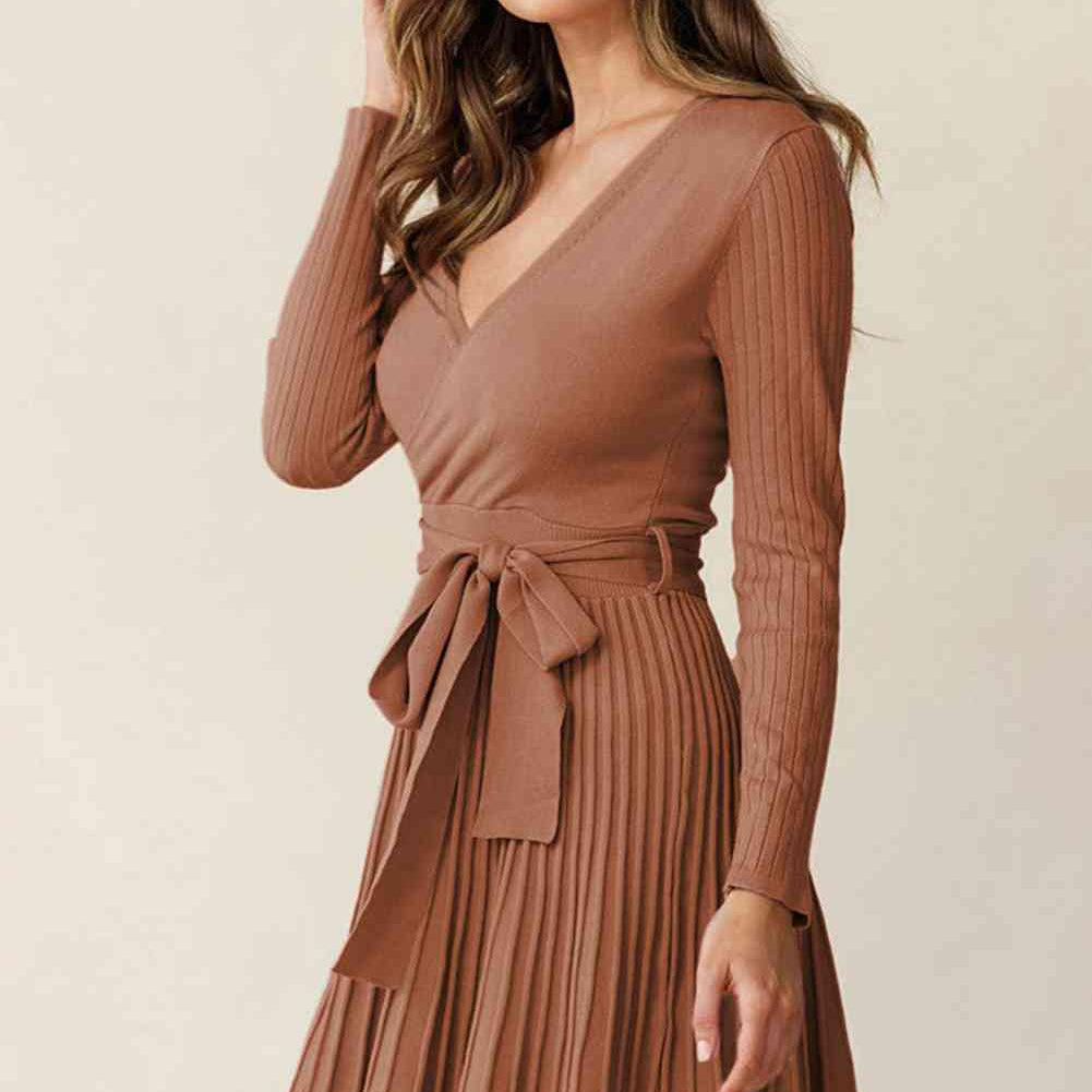 Surplice Neck Tie Waist Pleated Dress - Stormyjay