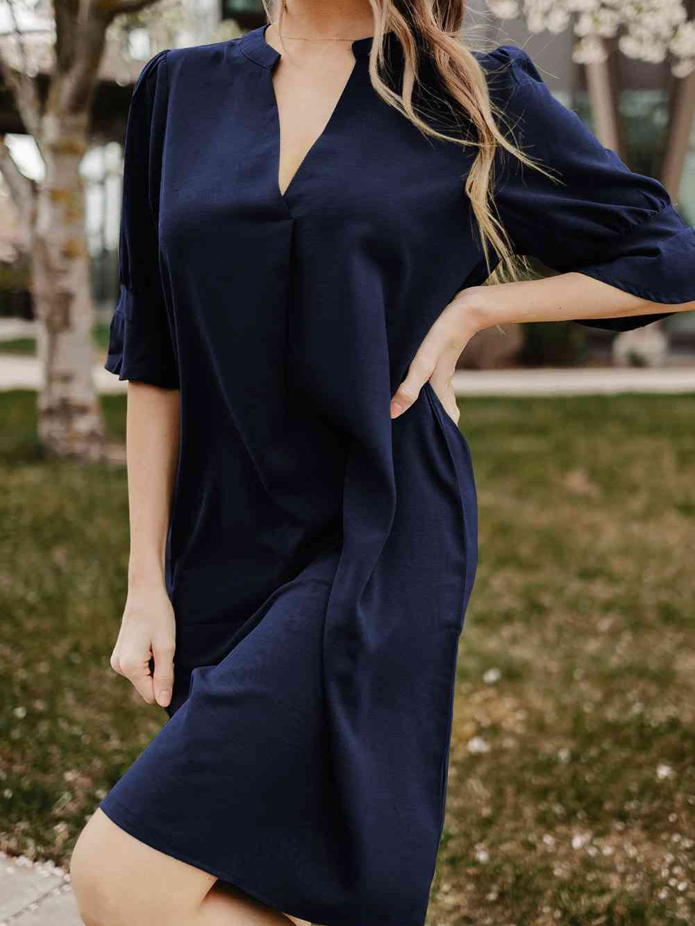 Puff Sleeve Notched Mini Shift Dress - Stormyjay
