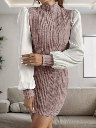 Ribbed Contrast Long Sleeve Sweater Dress - Stormyjay