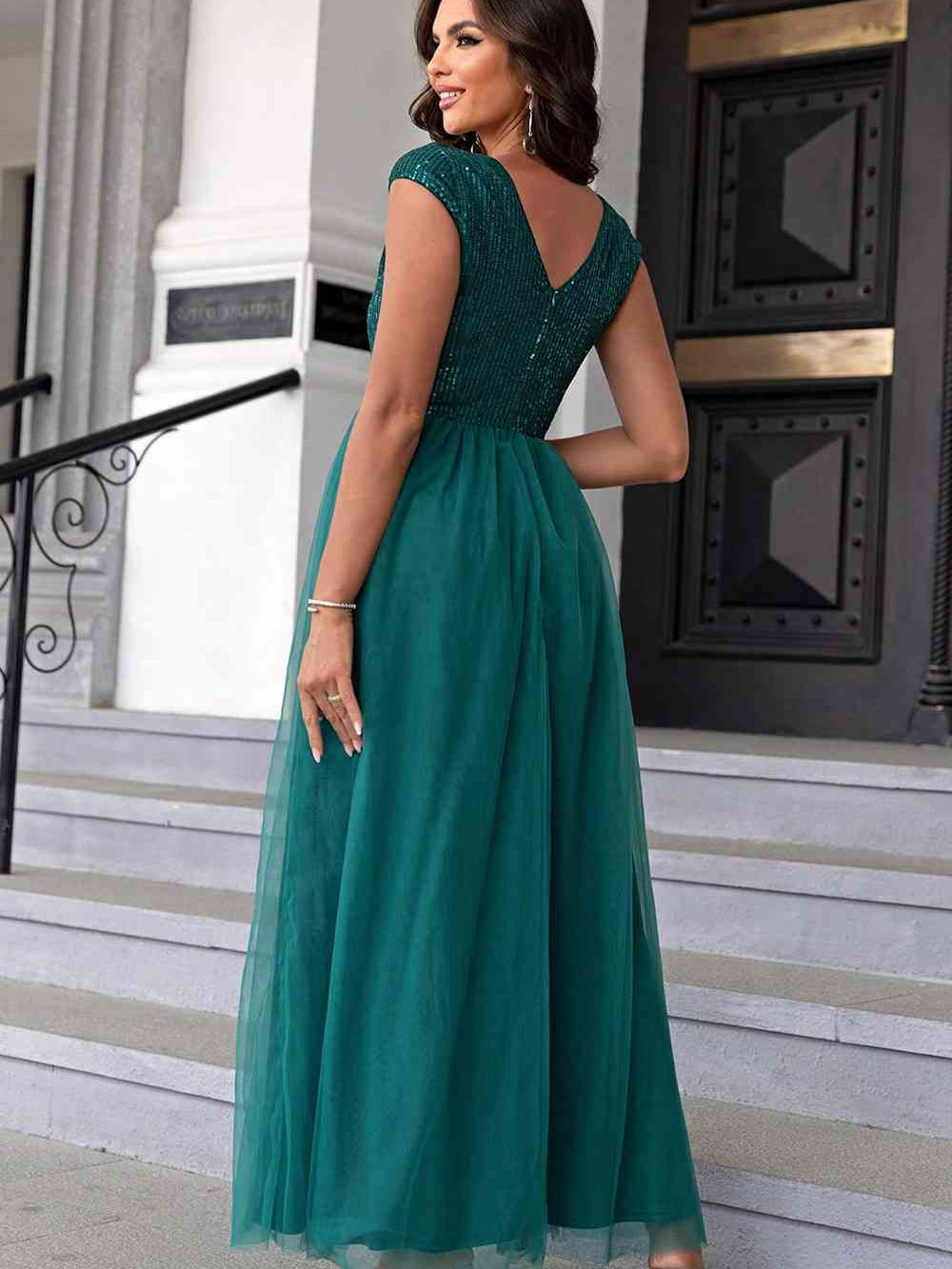Sequin V-Neck Mesh Maxi Dress