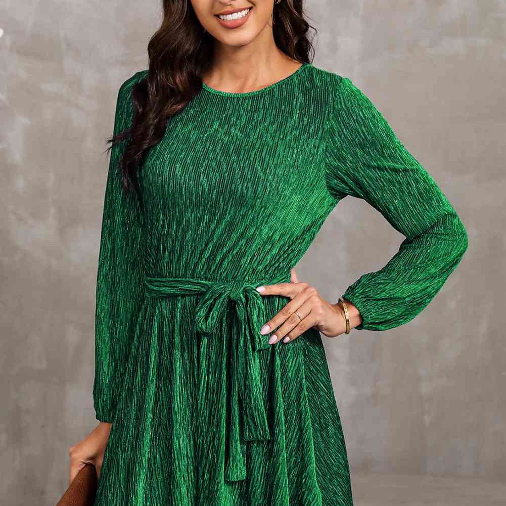 Round Neck Tie Front Long Sleeve Dress