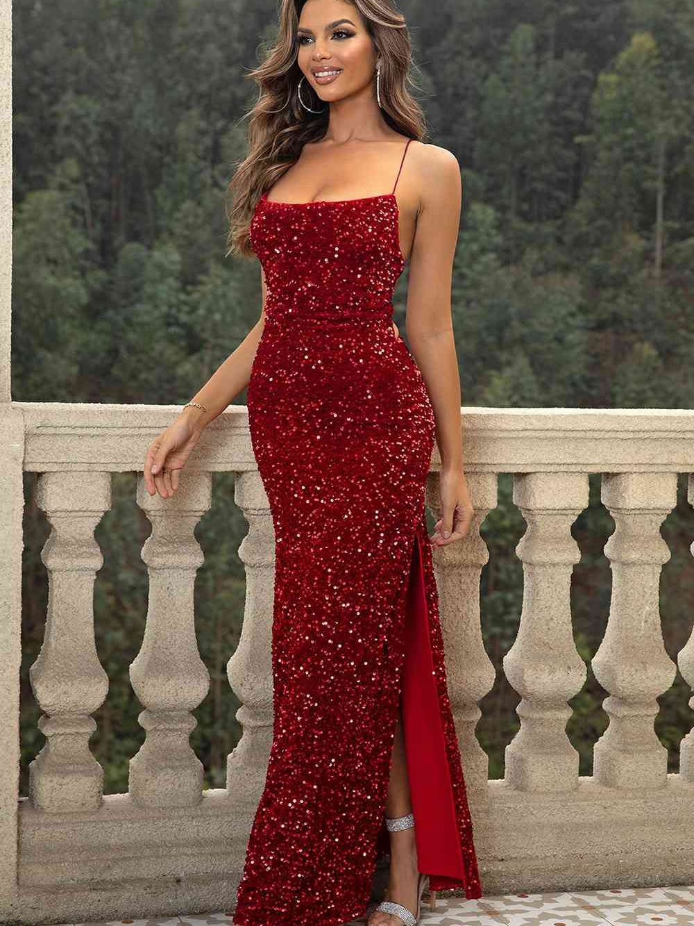 Sequin Backless Split Maxi Dress