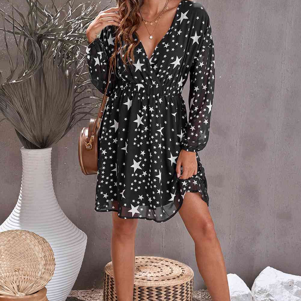 Star Print Dropped Shoulder Surplice Dress - Stormyjay