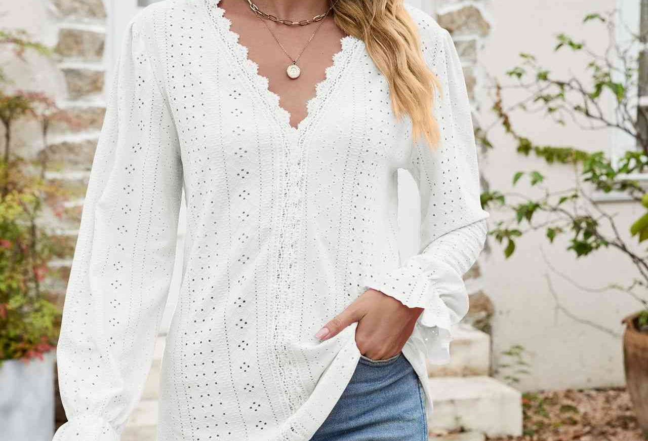 Eyelet Lace Trim Flounce Sleeve Blouse