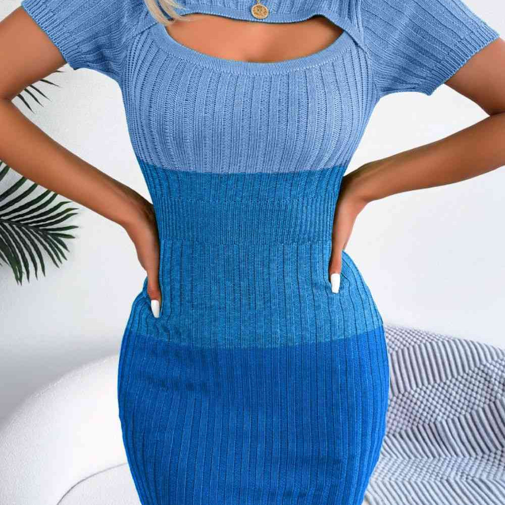 Color Block Cutout Short Sleeve Sweater Dress - Stormyjay
