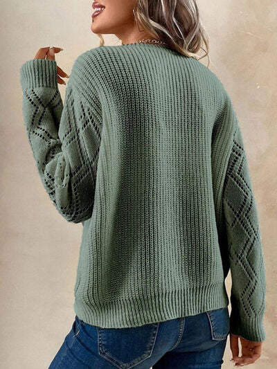 Openwork V-Neck Dropped Shoulder Sweater - Stormyjay