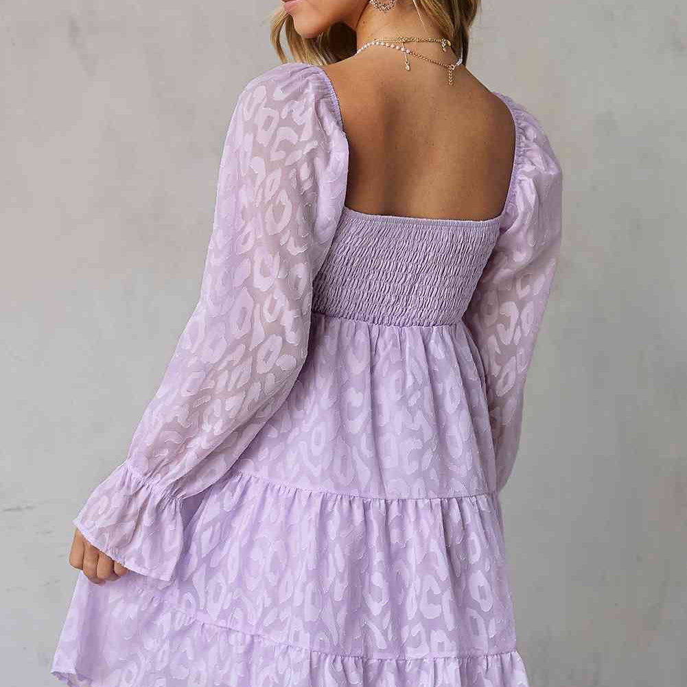 Leopard Applique Flounce Sleeve Smocked Tiered Dress - Stormyjay