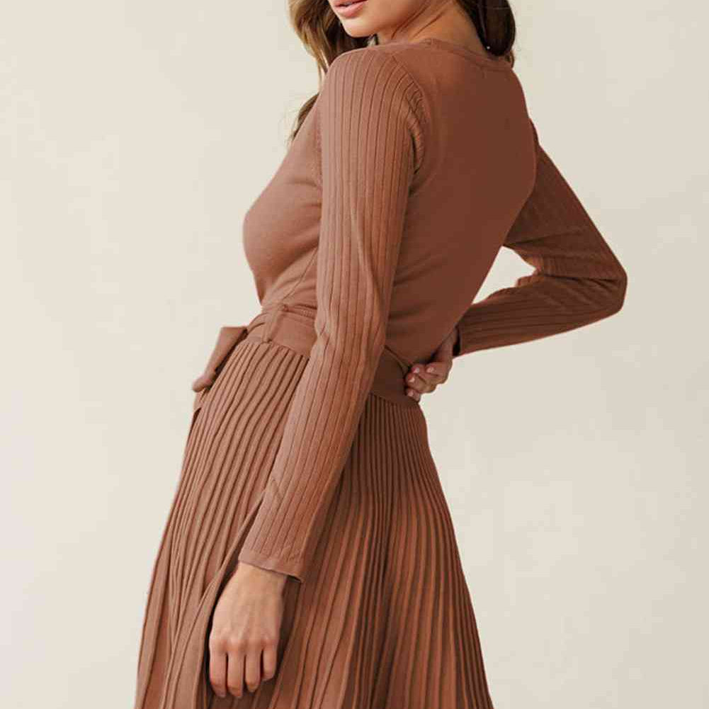 Surplice Neck Tie Waist Pleated Dress - Stormyjay