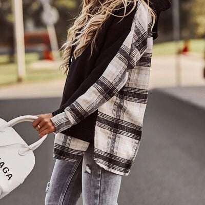 Plaid Drawstring Dropped Shoulder Hoodie