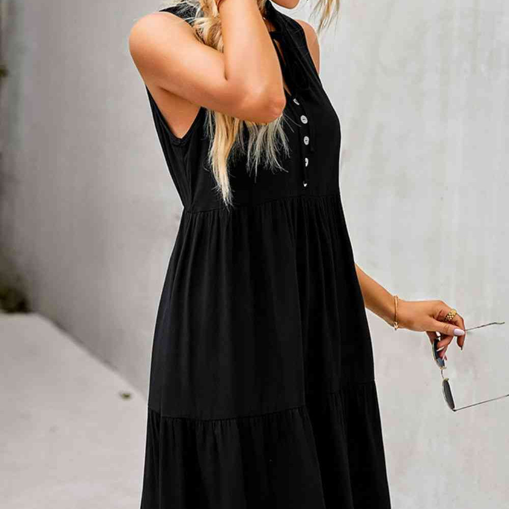 Tie Neck Tiered Dress with Decorative Buttons - Stormyjay