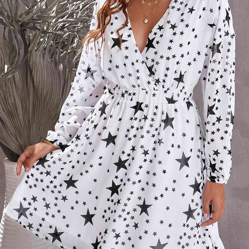 Star Print Dropped Shoulder Surplice Dress - Stormyjay