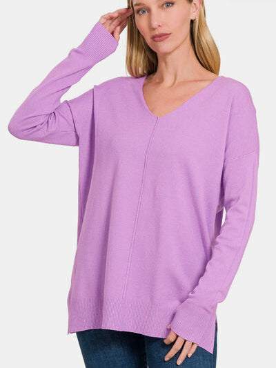 Zenana Slit V-Neck Dropped Shoulder Sweater - Stormyjay