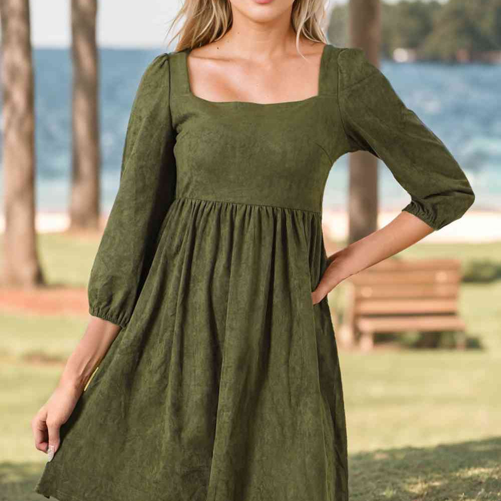 Square Neck Three-Quarter Sleeve Mini Dress