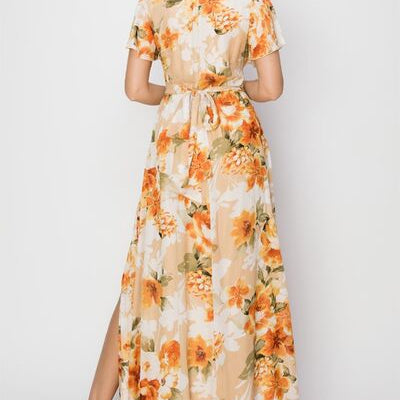 HYFVE Floral Tie Back Short Sleeve Slit Maxi Dress - Stormyjay