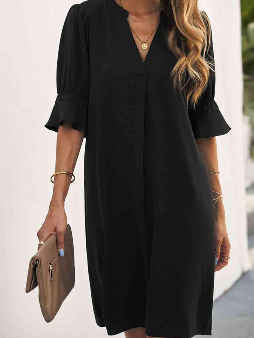 Puff Sleeve Notched Mini Shift Dress - Stormyjay