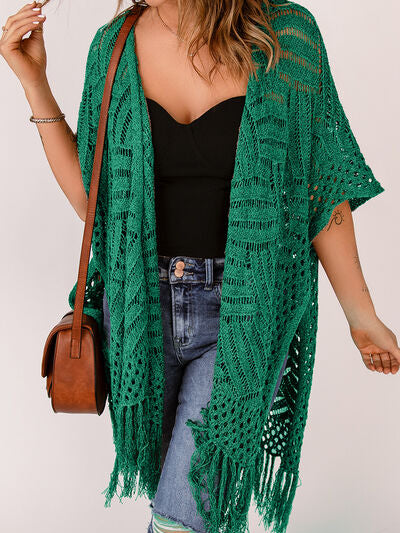 Openwork Open Front Cardigan with Fringes - Stormyjay