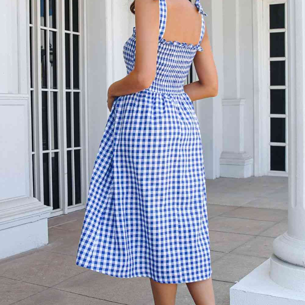 Plaid Frill Trim Tie Shoulder Dress - Stormyjay