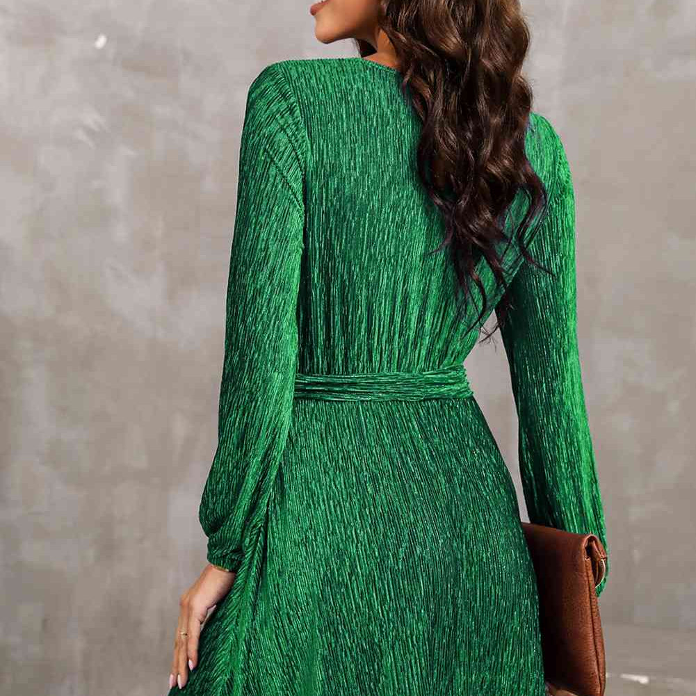 Round Neck Tie Front Long Sleeve Dress