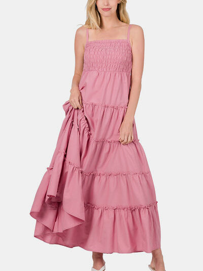 Zenana Woven Smocked Tiered Cami Maxi Dress - Stormyjay