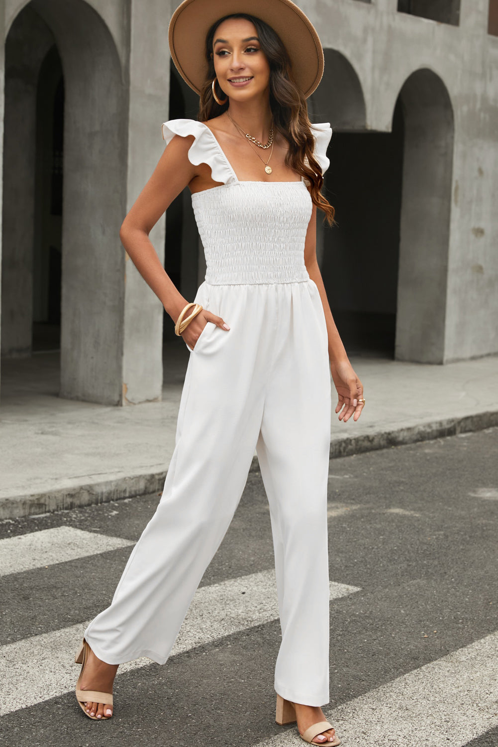 Apricot Smocked Ruffle Strap Pocket Wide Leg Jumpsuit - Stormyjay