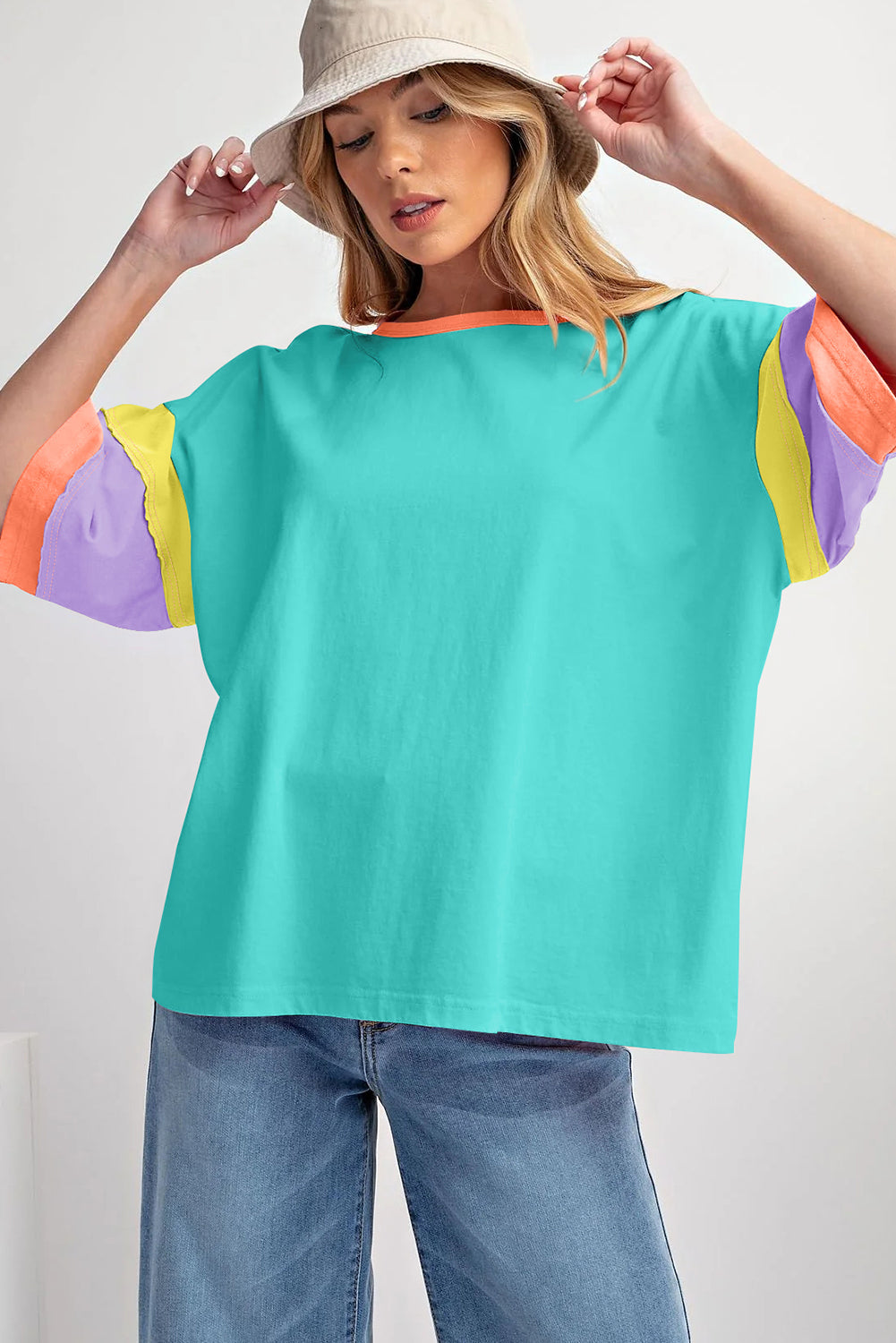 Green Color Block Sleeve Round Neck Oversize Top - Stormyjay