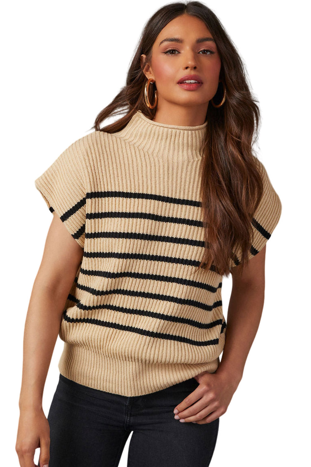 Parchment Striped Knit Mock Neck Short Sleeve Sweater - Stormyjay