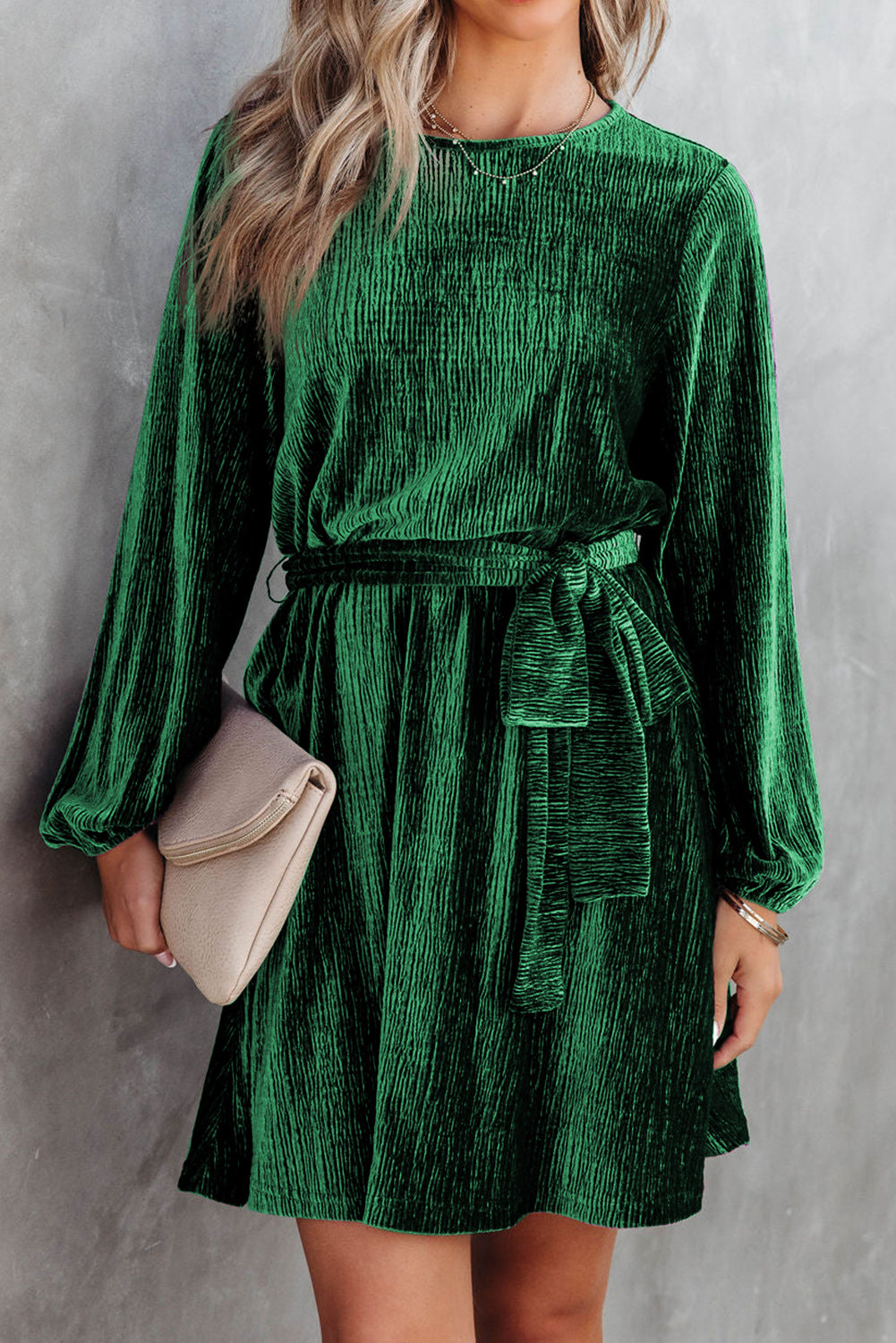 Green Crinkle Velvet Tie Waist Puff Sleeve Mini Dress - Stormyjay