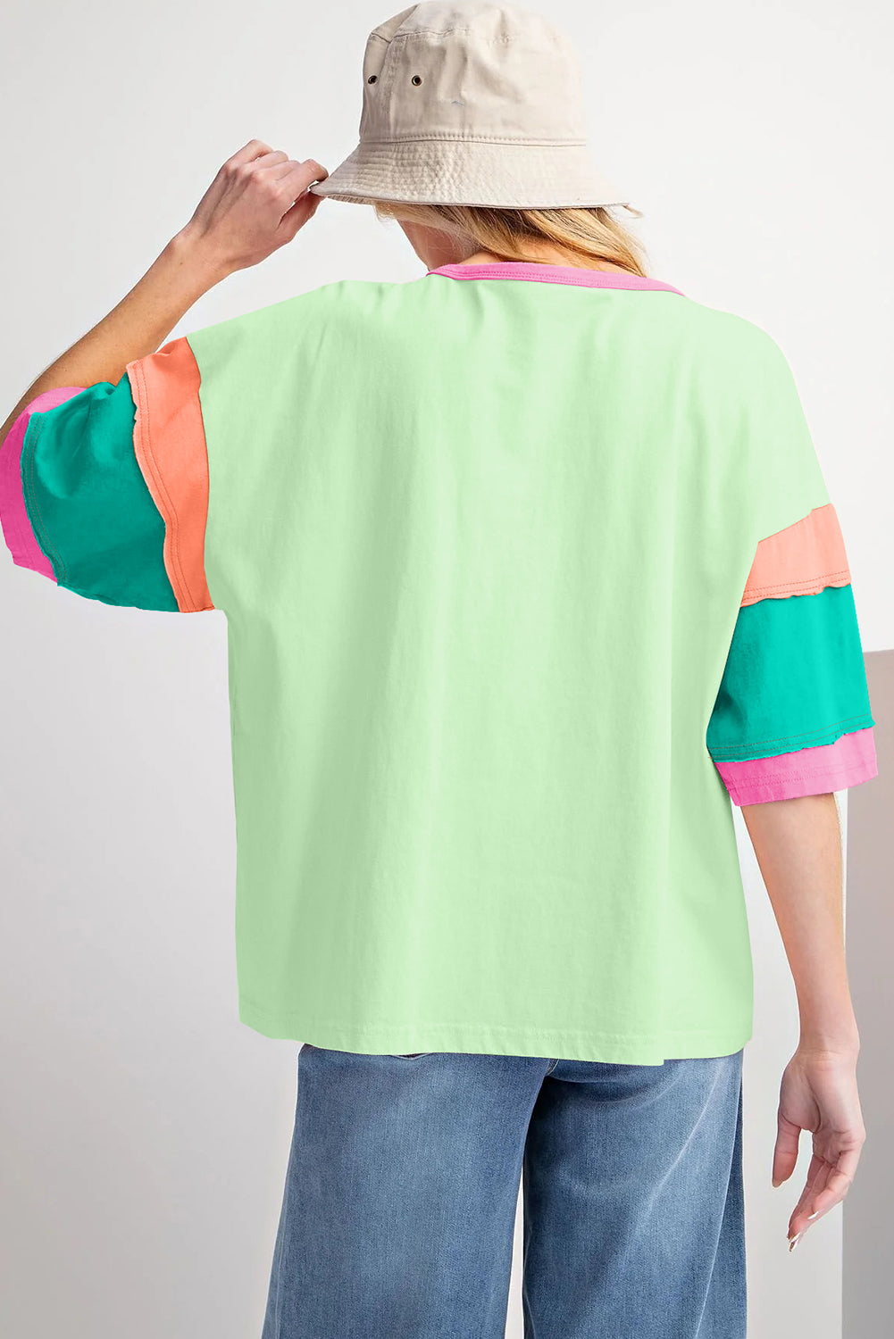 Green Color Block Sleeve Round Neck Oversize Top - Stormyjay