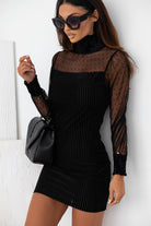 Black Dotted Mesh Striped Frilled Neck Bubble Sleeve Dress - Stormyjay