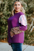 Purple Color Block Leopard Striped Sleeve Plus Size Top - Stormyjay