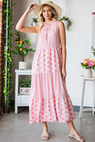 Pink Abstract Print Patchwork Sleeveless V Neck Tiered Dress - Stormyjay