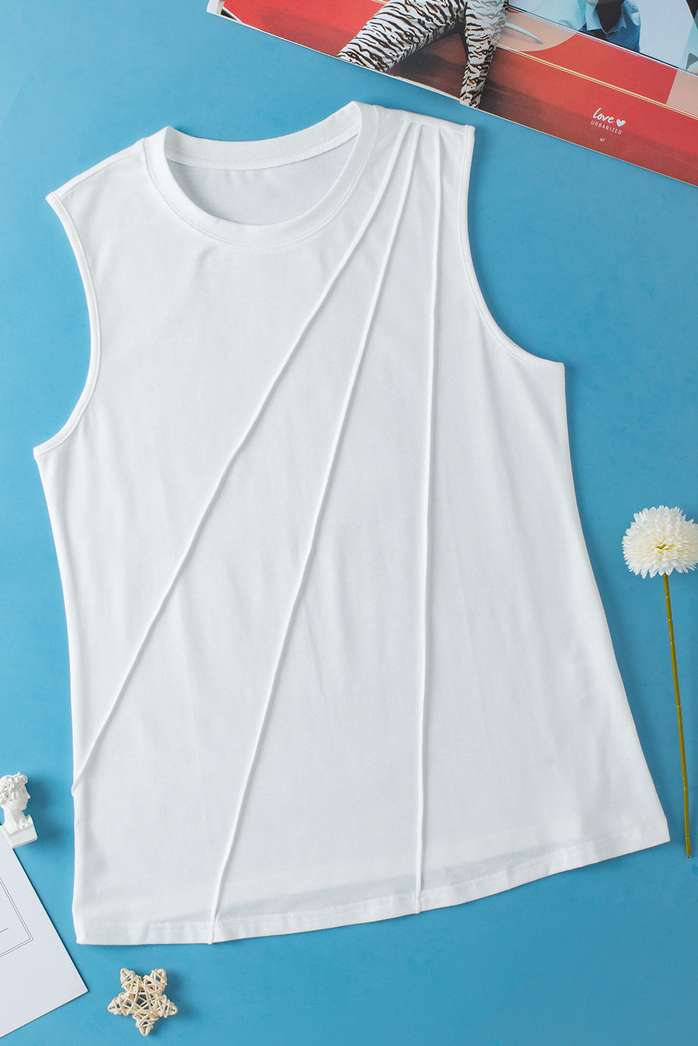 White Solid Color Crew Neck Pleated Tank Top - Stormyjay