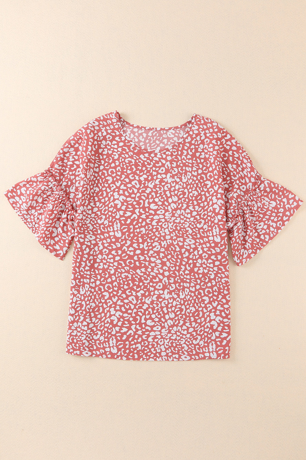 Pink Leopard Print Casual Flounce Sleeve Blouse for Women - Stormyjay