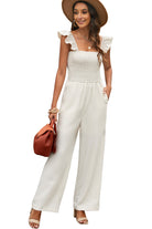 Apricot Smocked Ruffle Strap Pocket Wide Leg Jumpsuit - Stormyjay