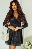 Black Glitter Mesh Overlay V Neck Long Sleeve Dress - Stormyjay