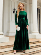 Tie Front Round Neck Long Sleeve Maxi Dress - Stormyjay