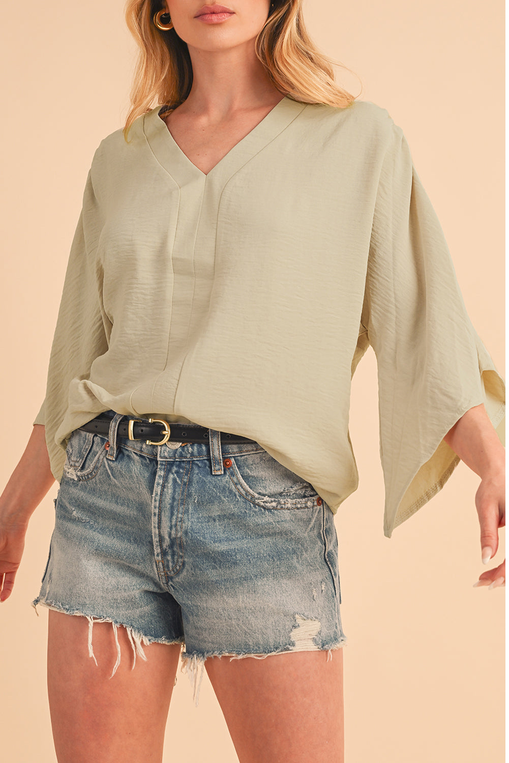 Parchment Solid Color Crinkled V Neck Ruffled Sleeve Blouse - Stormyjay