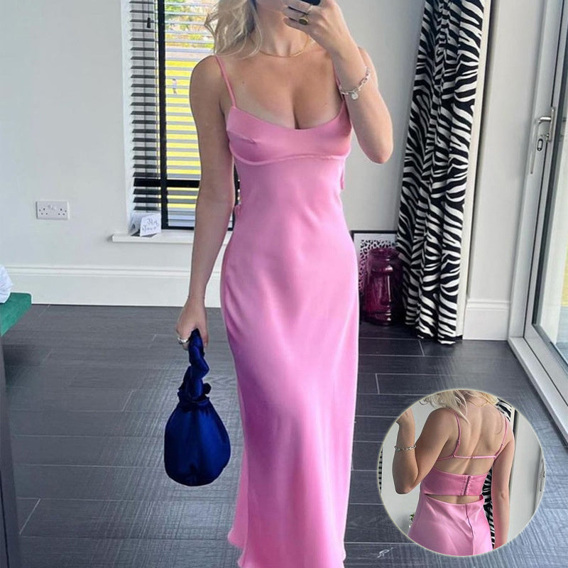 Women Camis Satin Long Dresses Elegant Sleeveless Slip Holiday Party Dresses Sexy Casual Backless Summer Dresses - Stormyjay