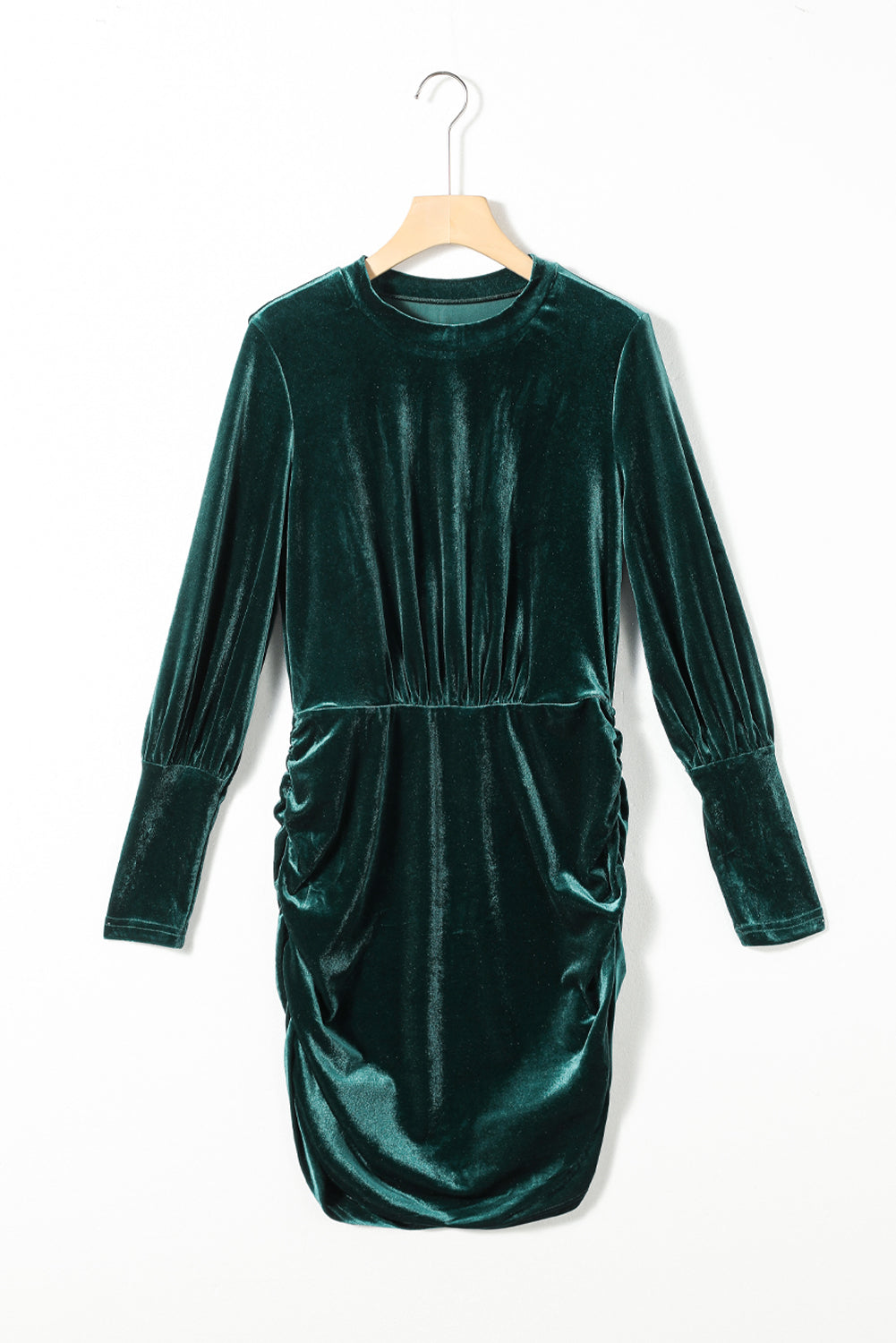 Green Velvet Puff Sleeve Ruched Bodycon Dress - Stormyjay