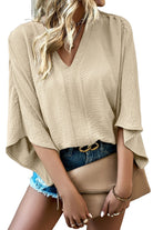 Parchment Solid Color Crinkled V Neck Ruffled Sleeve Blouse - Stormyjay