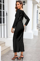 Black Drape Neck Tie Waist Long Sleeve Slit Dress - Stormyjay