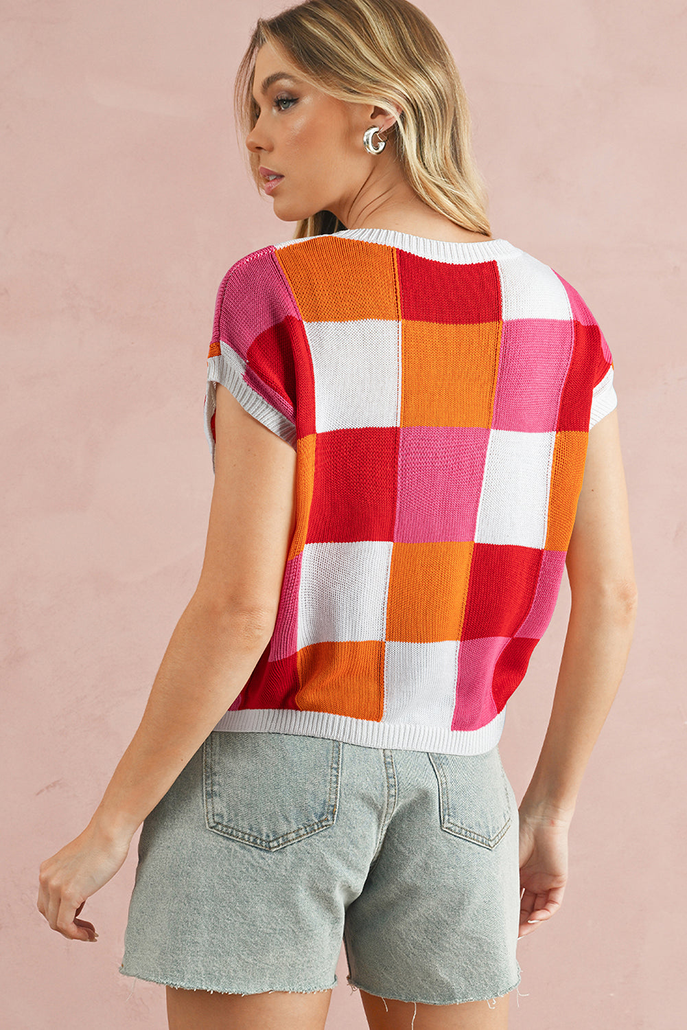 Grapefruit Orange Checkered Color Block Cap Sleeve Knitted Top - Stormyjay