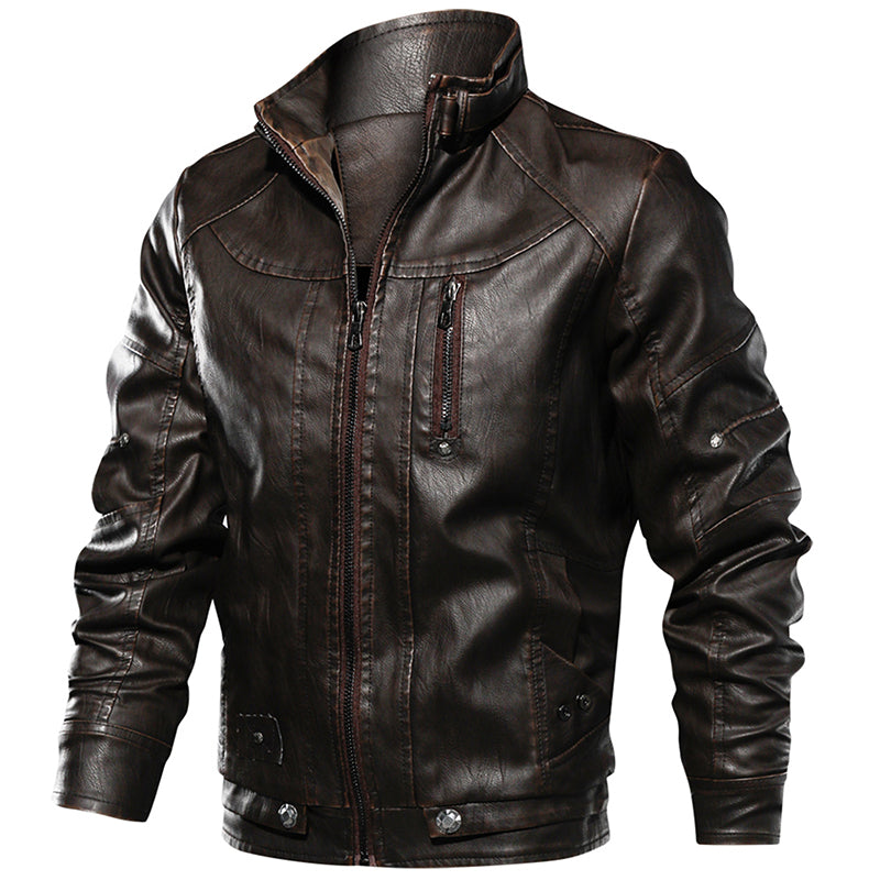 Men PU Leather Jacket Thick Motorcycle Leather Jacket Fashion Vintage Fit Coat - Stormyjay